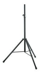 K&M 21435 Speaker Stand, Black, 2-Piece Folding Design, Locking Screw with Push-Button System, Height 1,440-2,230 mm, Patented Gradual Height Adjustment System, Integrated Shock Absorber, Steel