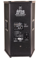 Elite 15” Powered Loudspeaker 2400 Watts peak (1200 watts program 15" Neo Woofer with 3" Voice Coil and & 3” titanium compression driver on 60°x40° horn – Dedicated FOH Cabinet w/flying Hardware, built in mixer, and iOS and Android APP for remote control of DSP settings.